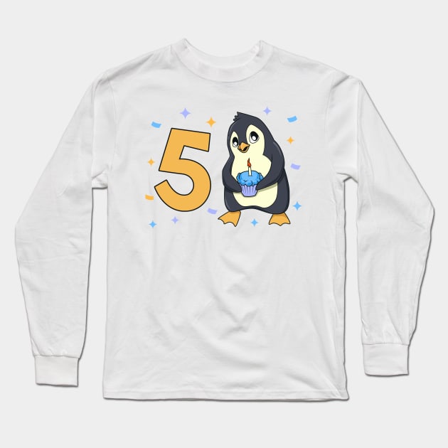 I am 5 with penguin - kids birthday 5 years old Long Sleeve T-Shirt by Modern Medieval Design